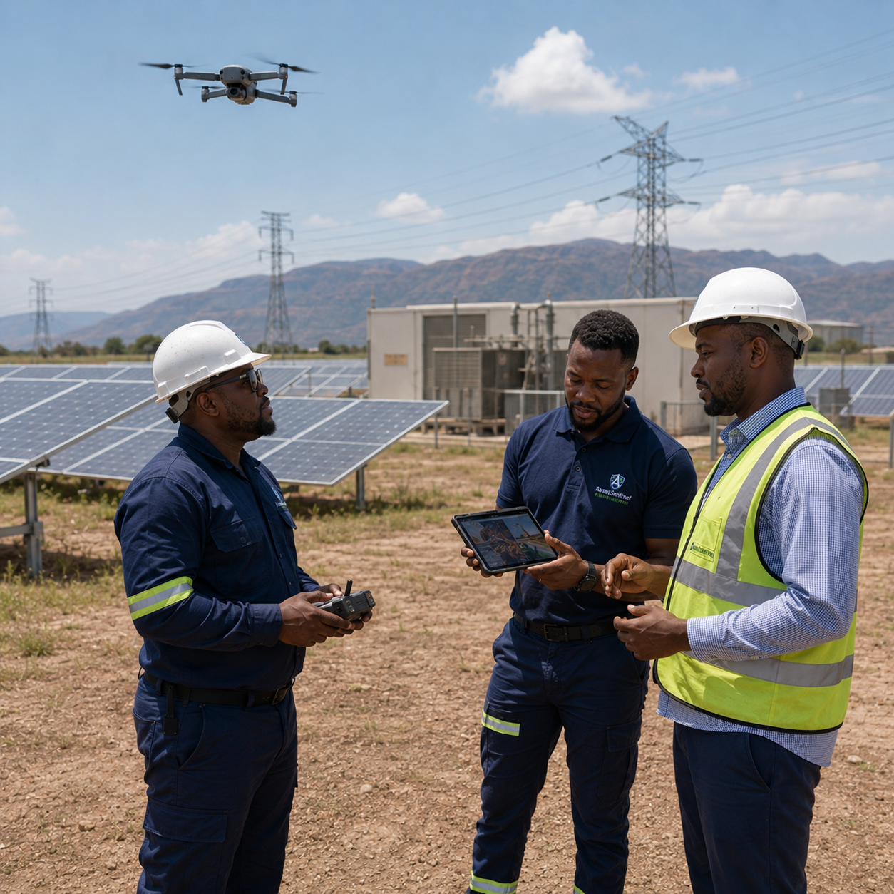 AST drone inspection team reviewing a site above solar infrastructure